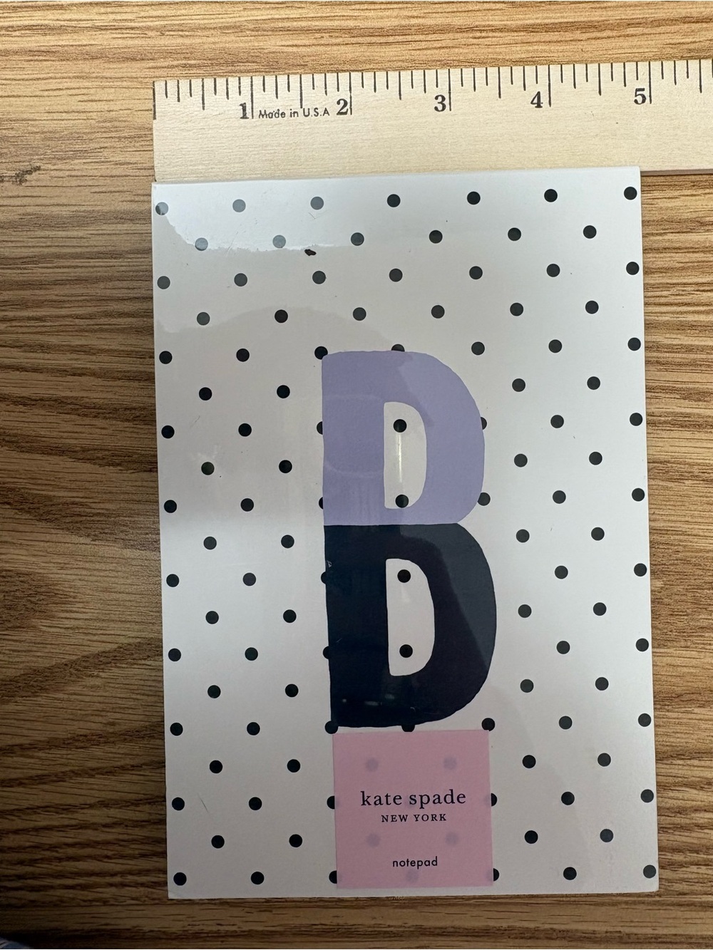 kate spade white polka dot notepad with lavender & navy monogram B